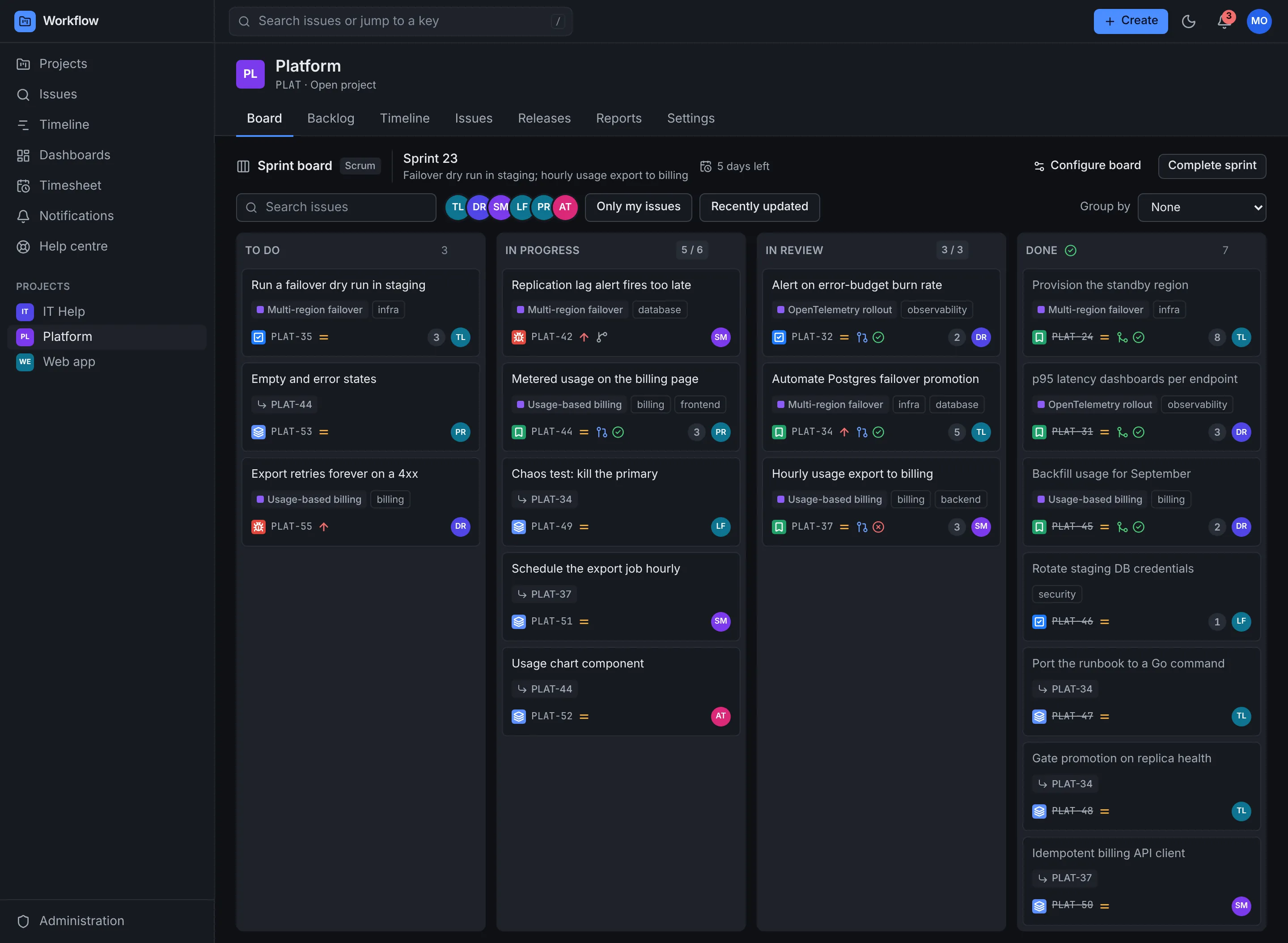 The same Scrum board in Workflow's dark theme