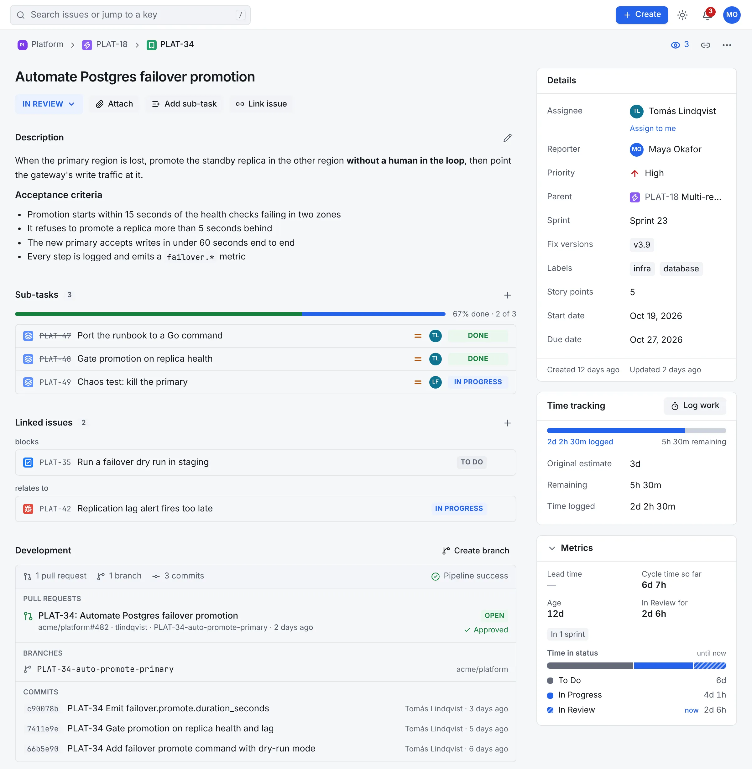 An issue in Workflow with its description, sub-tasks, links, development panel, comments and time tracking