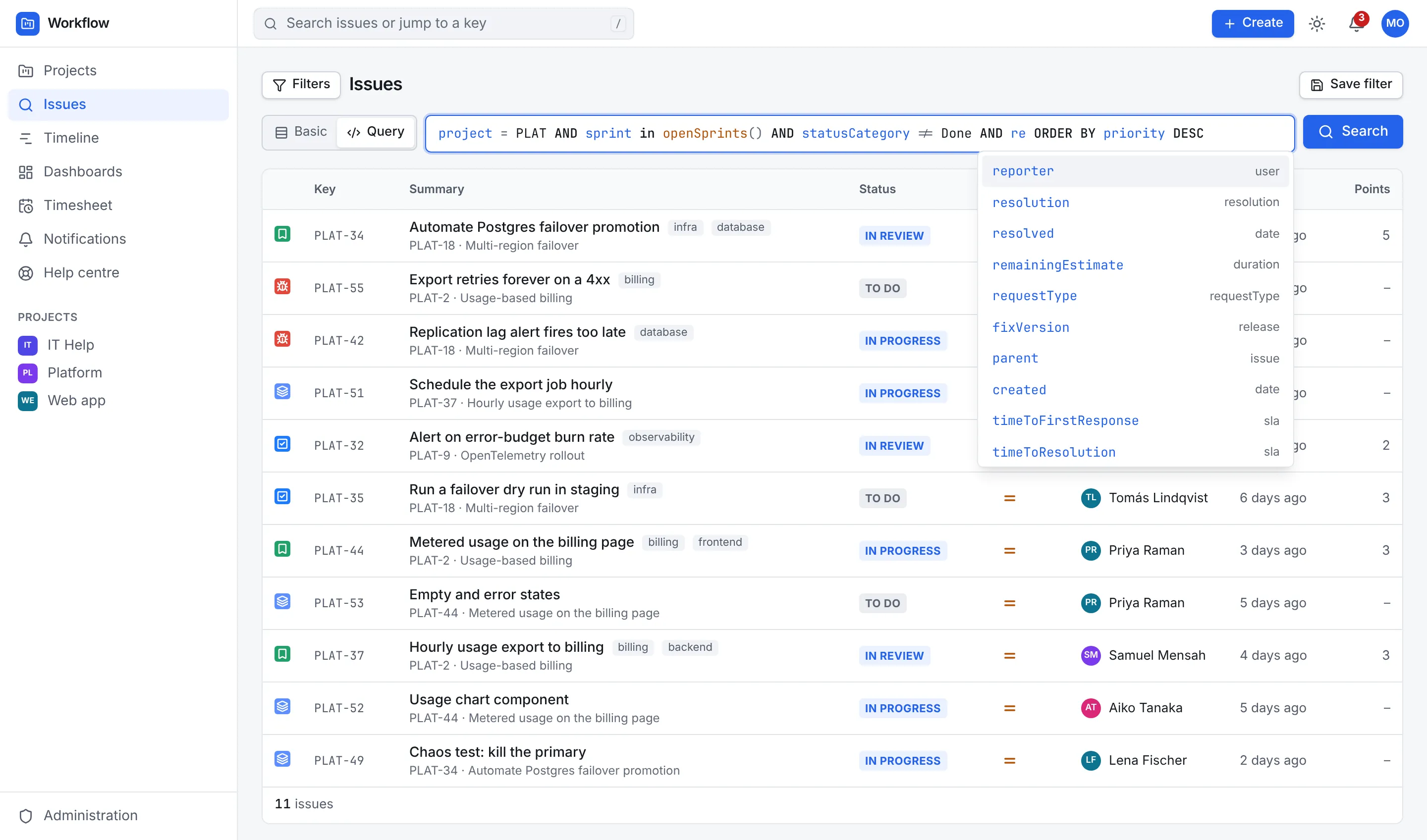 Issue search in Workflow: a query in the editor with its results listed below